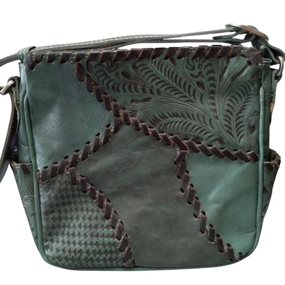 American West Handbags - American West Hand Tooled Leather Shoulder Bag Green Vintage Boho Western